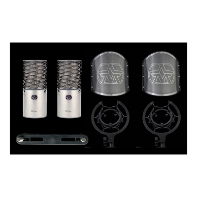 זוג מיקרופונים ORIGIN עם מגיני רוח וחנוכיה מבית Aston Microphones