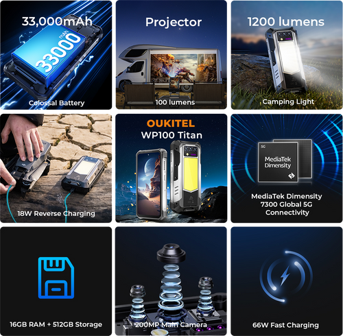טלפון משוריין Oukitel WP100 Titan כולל מקרן מובנה