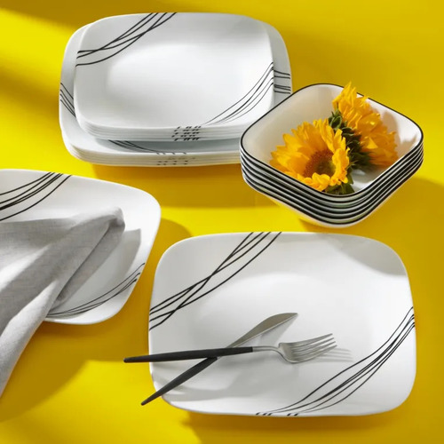 סט 18 צלחות סקוור מרובעות קורנינג Corning Simple Sketch