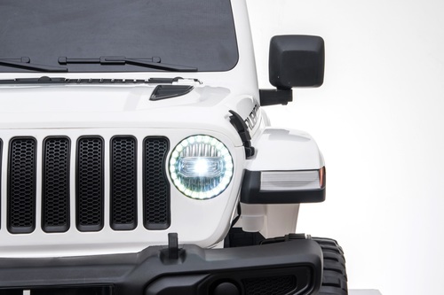 מכונית ממונעת 12V בדמות ג'יפ רוביקון Rubicon דו-מושבי עם דלתות נפתחות, גלגלי EVA, אורות ושלט עצירת חרום - לבן