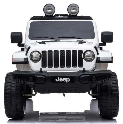 מכונית ממונעת 12V בדמות ג'יפ רוביקון Rubicon דו-מושבי עם דלתות נפתחות, גלגלי EVA, אורות ושלט עצירת חרום - לבן