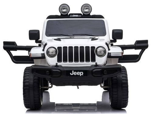 מכונית ממונעת 12V בדמות ג'יפ רוביקון Rubicon דו-מושבי עם דלתות נפתחות, גלגלי EVA, אורות ושלט עצירת חרום - לבן