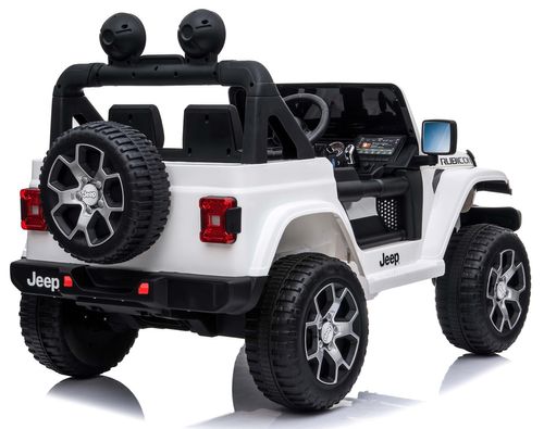 מכונית ממונעת 12V בדמות ג'יפ רוביקון Rubicon דו-מושבי עם דלתות נפתחות, גלגלי EVA, אורות ושלט עצירת חרום - לבן