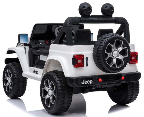 מכונית ממונעת 12V בדמות ג'יפ רוביקון Rubicon דו-מושבי עם דלתות נפתחות, גלגלי EVA, אורות ושלט עצירת חרום - לבן