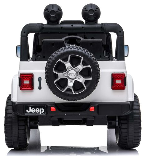 מכונית ממונעת 12V בדמות ג'יפ רוביקון Rubicon דו-מושבי עם דלתות נפתחות, גלגלי EVA, אורות ושלט עצירת חרום - לבן