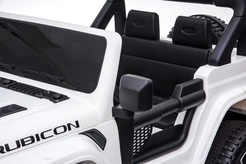 מכונית ממונעת 12V בדמות ג'יפ רוביקון Rubicon דו-מושבי עם דלתות נפתחות, גלגלי EVA, אורות ושלט עצירת חרום - לבן