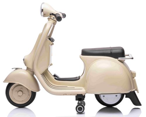 אופנוע ממונע 6V וספה ונטג' VESPA עם גלגלי עזר, מונע התהפכות, אורות ואפקטים קוליים - שמנת