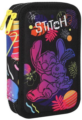 קלמר קשיח 2 תאים בעיצוב סטִיץ' עם טושים, מחק, עפרונות צבעונים, סרגל ועוד - שחור