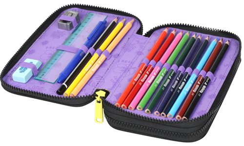 קלמר קשיח 2 תאים בעיצוב סטִיץ' עם טושים, מחק, עפרונות צבעונים, סרגל ועוד - שחור