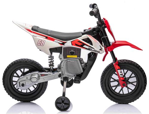 אופנוע דמוי שטח חשמלי ממונע 12V עם גלגלי עזר, תאורה, אפקטים קוליים וצמיגי EVA - אדום