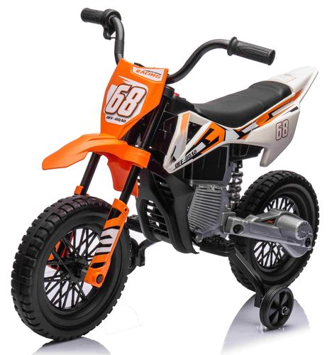 אופנוע דמוי שטח חשמלי ממונע 12V עם גלגלי עזר, תאורה, אפקטים קוליים וצמיגי EVA - כתום