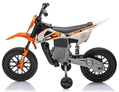אופנוע דמוי שטח חשמלי ממונע 12V עם גלגלי עזר, תאורה, אפקטים קוליים וצמיגי EVA - כתום