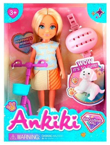 סט בובת KIKI מיוחדות לבתי בובות - בובה עם קורקינט וכלבלב