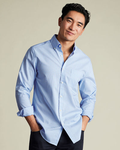 חולצה כחולה גזרת קלאסיק -  Cornflower blue gingham non-iron stretch poplin cf shirt