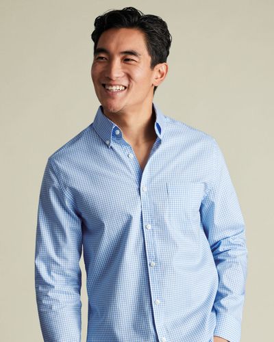 חולצה כחולה גזרת סלים -   Cornflower blue gingham non-iron stretch poplin slim fit shirt