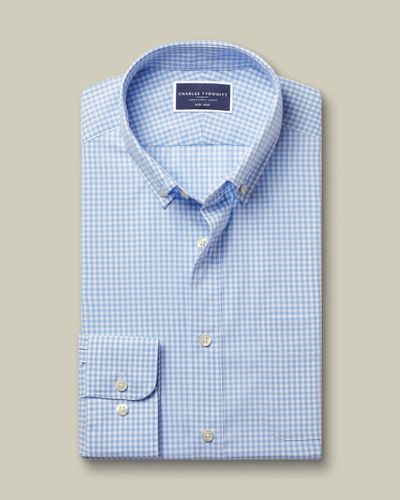 חולצה כחולה גזרת אקסטרה סלים -   Cornflower blue gingham non-iron stretch poplin esf fit shirt
