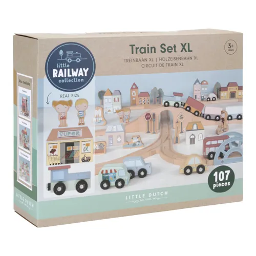 סט רכבת ענק מעץ של Little Dutch עם 108 חלקים באריזה