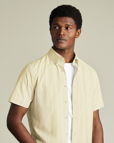 חולצה שרוול קצר גזרת קלאסיק - Oatmeal pinstripe non-iron stretch poplin slub short sleeve cf