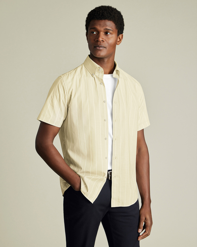 חולצה שרוול קצר גזרת קלאסיק - Oatmeal pinstripe non-iron stretch poplin slub short sleeve cf