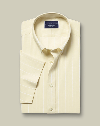 חולצה שרוול קצר גזרת קלאסיק - Oatmeal pinstripe non-iron stretch poplin slub short sleeve cf