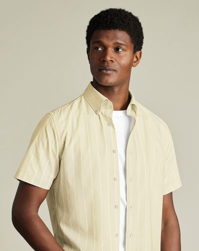 חולצה שרוול קצר גזרת סלים - Oatmeal pinstripe non-iron stretch poplin slub short sleeve sf