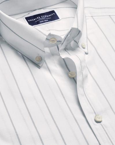 חולצה שרוול קצר גזרת קלאסיק - White & blue pinstripe non-iron stretch poplin slub ss cf