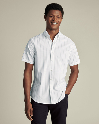 חולצה שרוול קצר גזרת קלאסיק - White & blue pinstripe non-iron stretch poplin slub ss cf