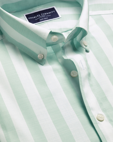 חולצה שרוול קצר גזרת סלים - Aqua green wide stripe non-iron stretch poplin slub ss sf