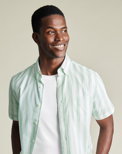 חולצה שרוול קצר גזרת סלים - Aqua green wide stripe non-iron stretch poplin slub ss sf