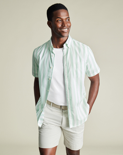 חולצה שרוול קצר גזרת סלים - Aqua green wide stripe non-iron stretch poplin slub ss sf