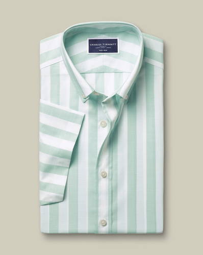 חולצה שרוול קצר גזרת סלים - Aqua green wide stripe non-iron stretch poplin slub ss sf