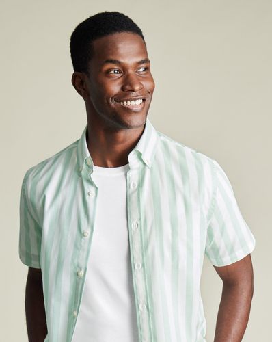 חולצה שרוול קצר גזרת קלאסיק - Aqua green wide stripe non-iron stretch poplin slub cf sf