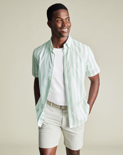חולצה שרוול קצר גזרת קלאסיק - Aqua green wide stripe non-iron stretch poplin slub cf sf