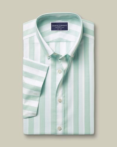 חולצה שרוול קצר גזרת קלאסיק - Aqua green wide stripe non-iron stretch poplin slub cf sf