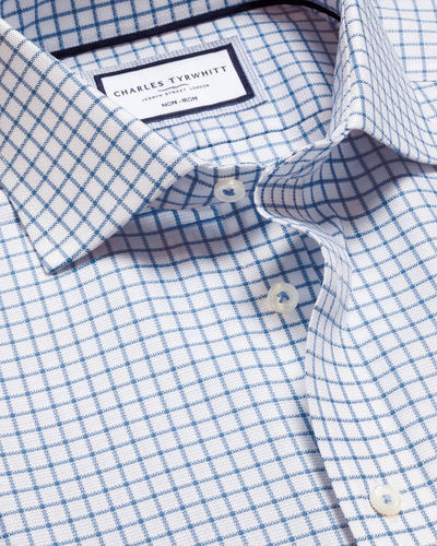 חולצה גזרת קלאסיק -Ocean blue check non-iron stretch Westminster weave cutaway cf 