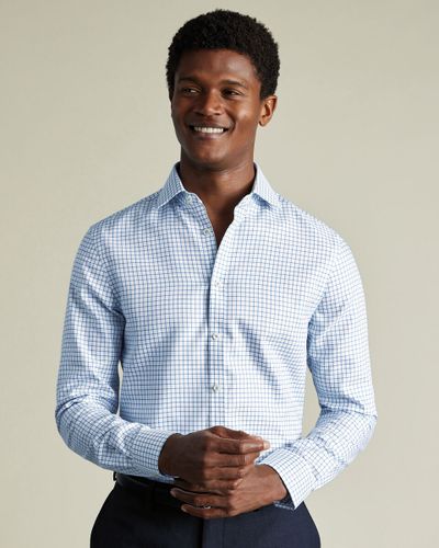 חולצה גזרת סלים - Ocean blue check non-iron stretch Westminster weave cutaway sf 