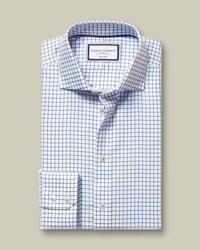 חולצה גזרת סלים - Ocean blue check non-iron stretch Westminster weave cutaway sf 