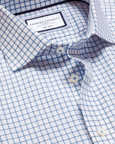 חולצה גזרת אקסטרה סלים - Ocean blue check non-iron stretch Westminster weave cutaway esf 