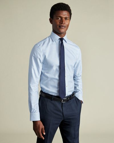 חולצה גזרת אקסטרה סלים - Ocean blue check non-iron stretch Westminster weave cutaway esf 