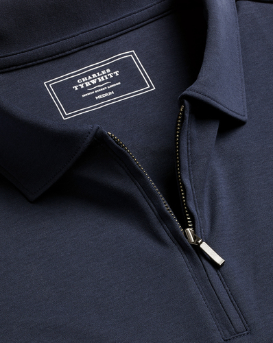 חולצת פולו כחולה עם רוכסן - Navy Blue Plain Short Sleeve Zip Jersey Polo
