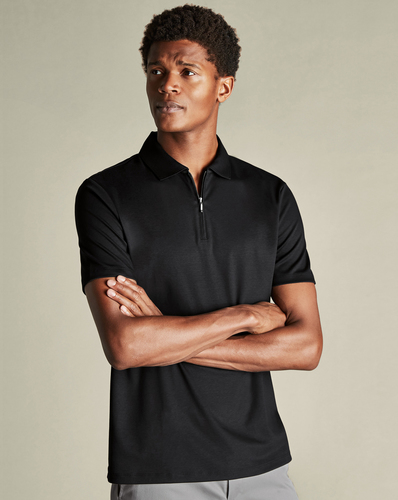 חולצת פולו כחולה עם רוכסן - Navy Blue Plain Short Sleeve Zip Jersey Polo