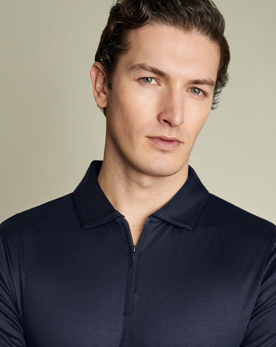 חולצת פולו כחולה עם רוכסן - Navy Blue Plain Short Sleeve Zip Jersey Polo
