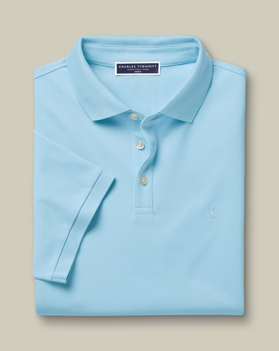 חולצת פולו  - Light Blue Short Sleeve Cotton Tyrwhitt Pique Polo