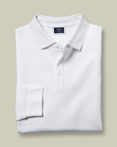 חולצת פולו לבנה טוויל שרוול ארוך - White Solid Long Sleeve Plain Polo