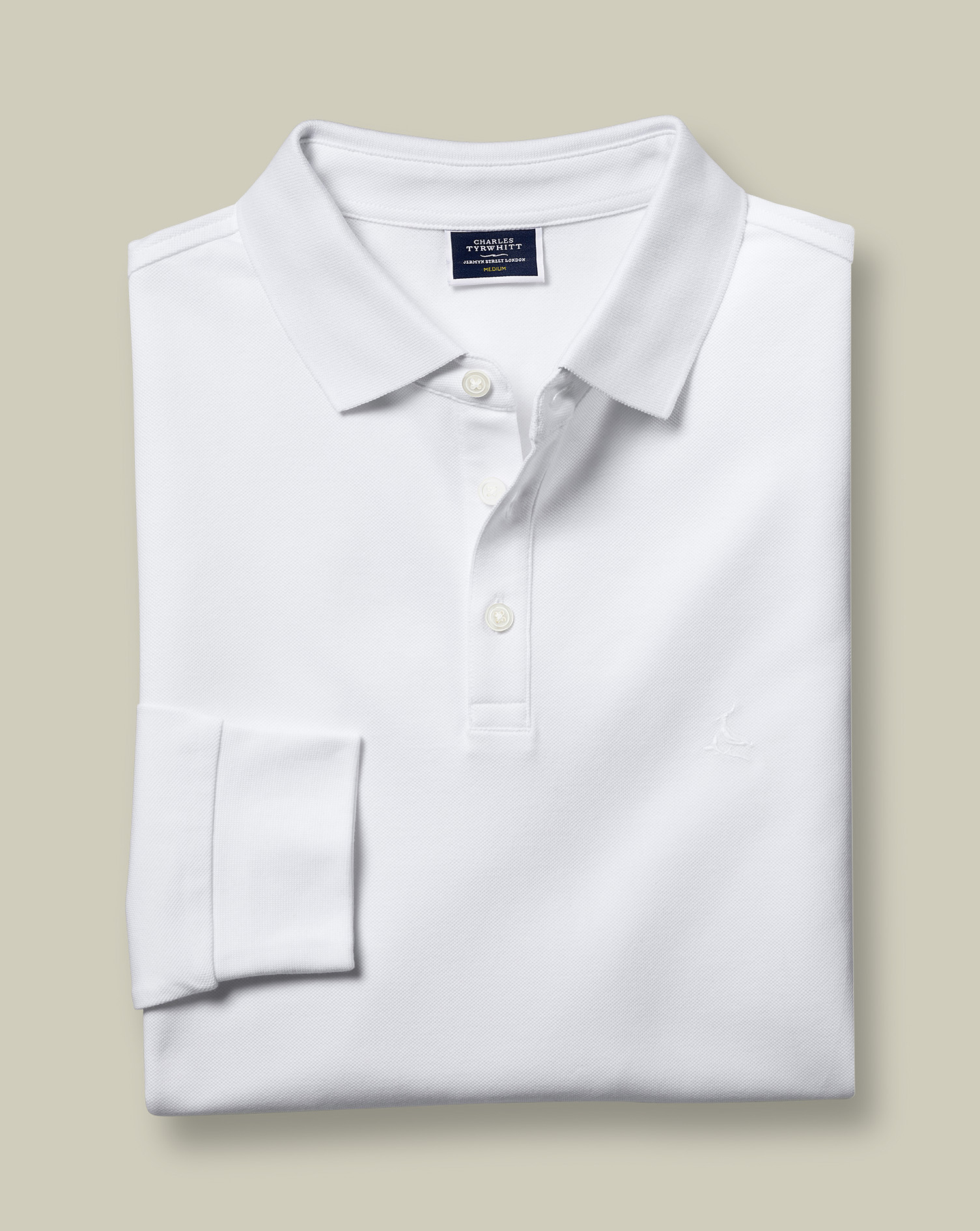 חולצת פולו לבנה טוויל שרוול ארוך - White Solid Long Sleeve Plain Polo