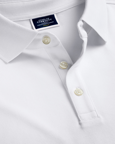 חולצת פולו לבנה טוויל שרוול ארוך - White Solid Long Sleeve Plain Polo