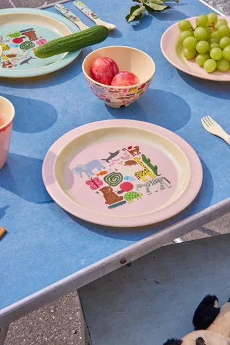 צלחת מלמין שוליים לילדים - חבורת חיות ורוד