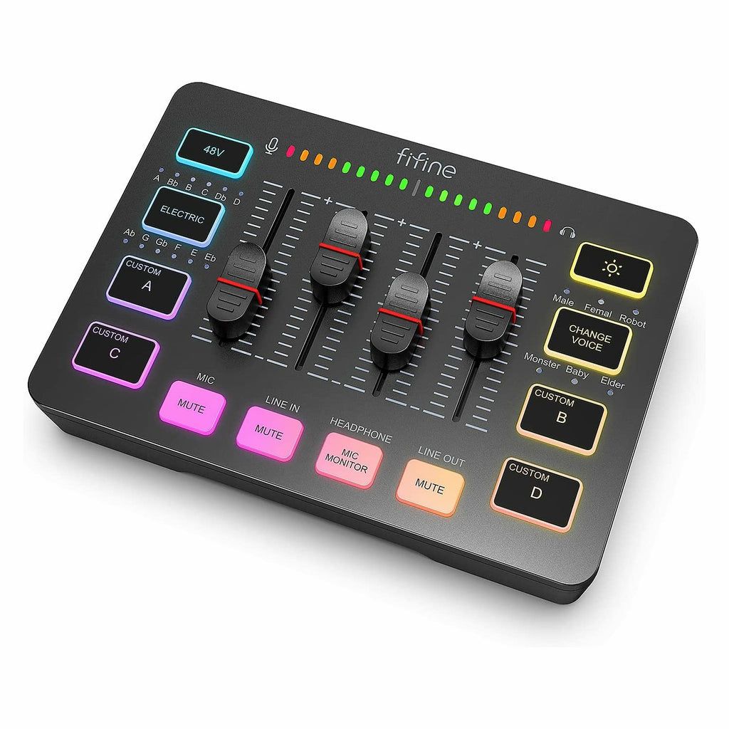 Fifine AmpliGame SC3 מיקסר USB לגיימינג עם כניסות XLR/אוזניות, ניטור, Line In/Out, פיידרים, השתקה, אפקטי קול ודגימות