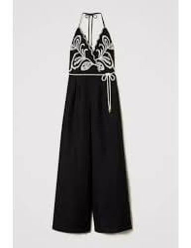 Linen blend jumpsuit with embroidery Woman, Black 
