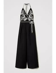 Linen blend jumpsuit with embroidery Woman, Black 